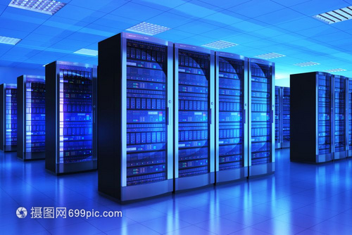 现代网络和互联电信技术大数据存储和云计算机服务业概念3D以蓝光数据中心显示服务器室的内部